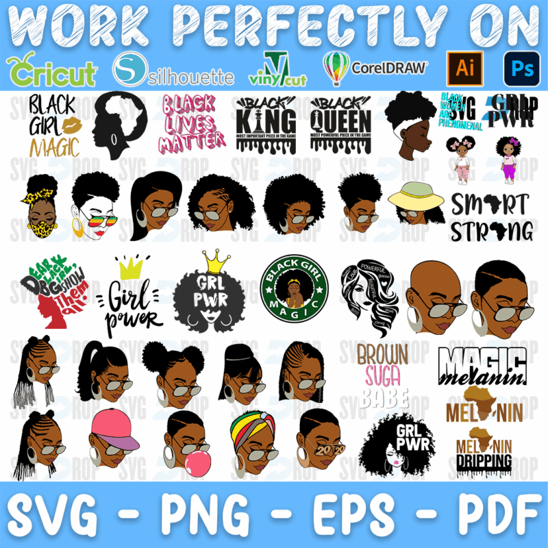 A full color Afro woman bundle: Black Girl Magic, Black Lives Matter, Black King, Black Queen, Smart Strong, Girl Power, GRL PWR, Brown. SVG bundle