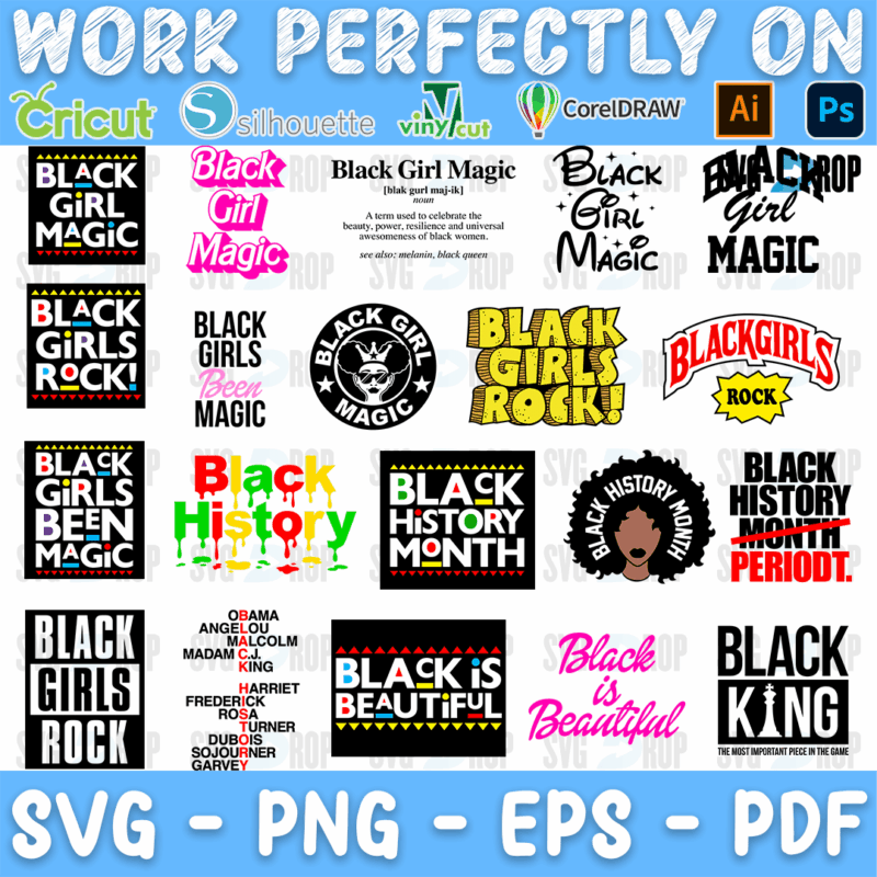 A lettering bundle in black, pink and gold: Black Girl Magic, Black Girls Rock, Black Girls Been Magic, Black History Month, Black. SVG bundle