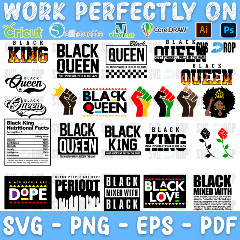 A black and gold lettering bundle: Black King, Black Queen, a Black King nutrition label, raised fists in red, black and green, Black. SVG bundle