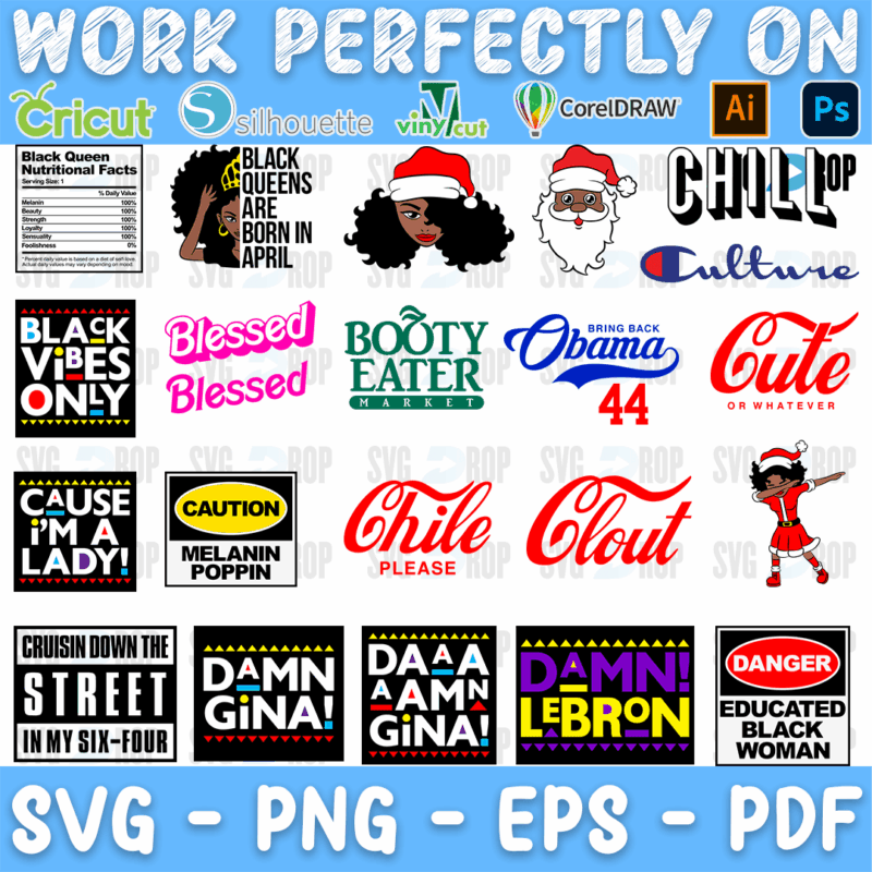 A lettering bundle for Black culture: Black Queen Nutrition Facts, Black Queens Are Born in April, a Black Santa, Chill Culture, Black. SVG bundle