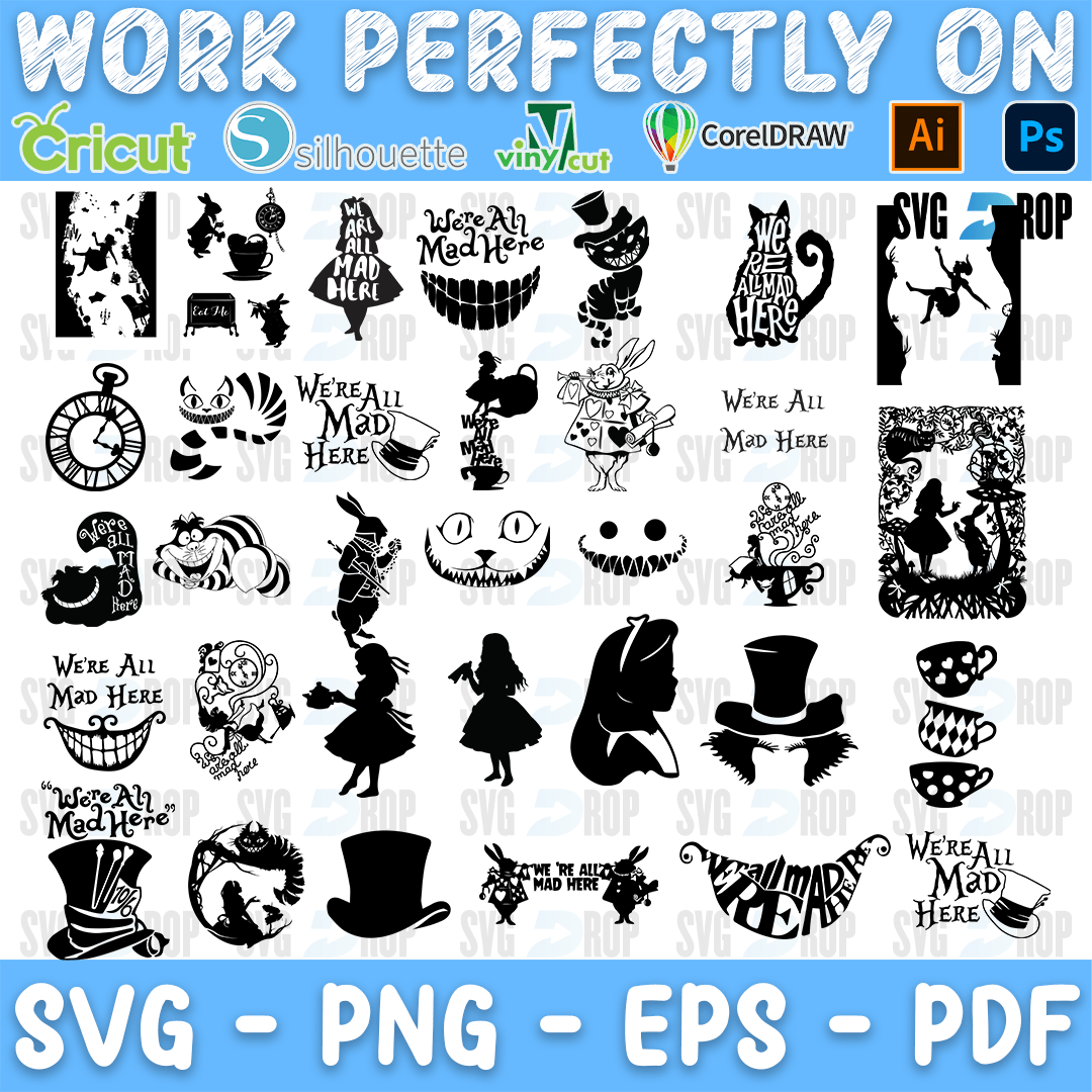 Alice in Wonderland Cheshire Grin and Mad Here Bundle SVG
