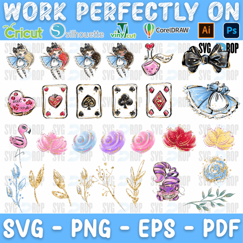 Alice in Wonderland Pastel Watercolor Clipart Bundle SVG