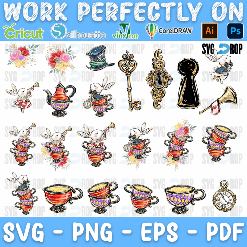 A set of watercolor Alice in Wonderland tea party illustrations: White Rabbits, stacked teacups, teapots, ornate keys, a keyhole. SVG bundle