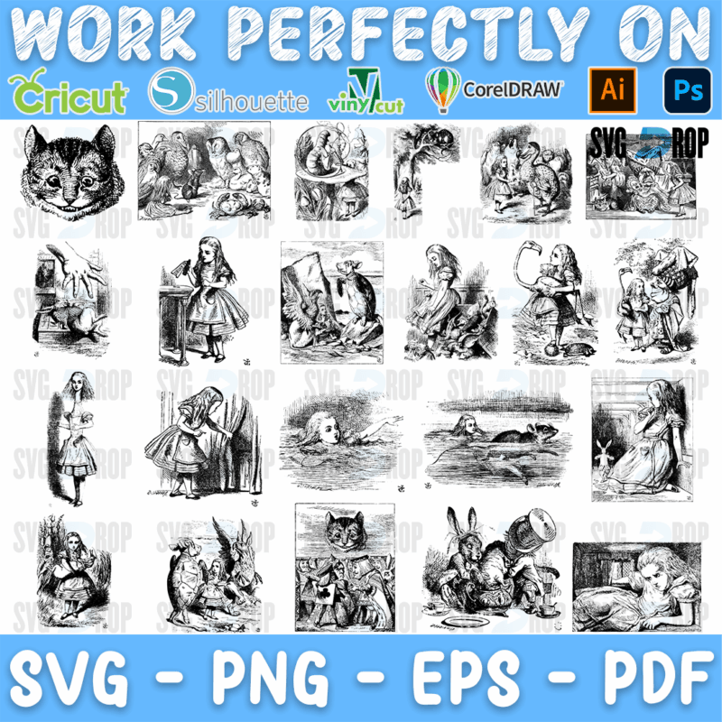 Alice in Wonderland Classic Engraving Scenes Bundle SVG