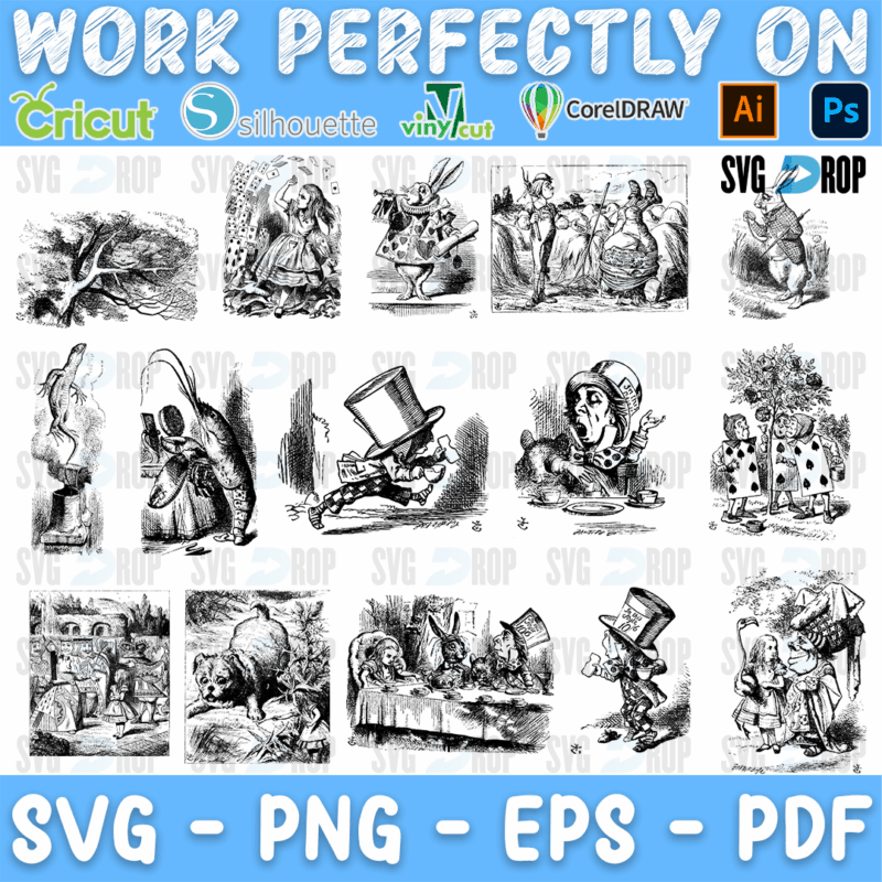 Alice in Wonderland Vintage Storybook Scenes Bundle SVG