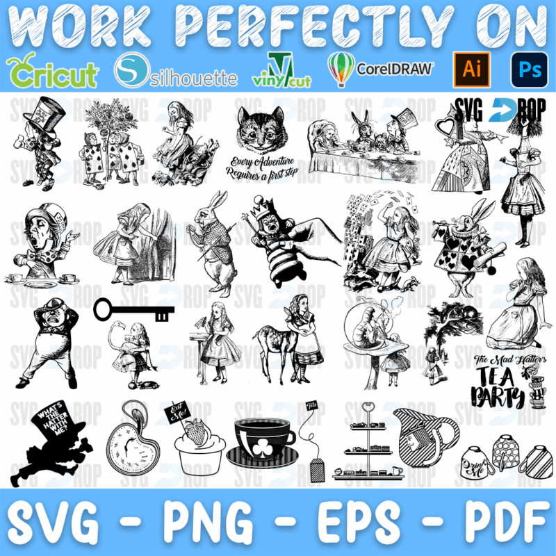 Alice in Wonderland Vintage Tea Party Engravings Bundle SVG