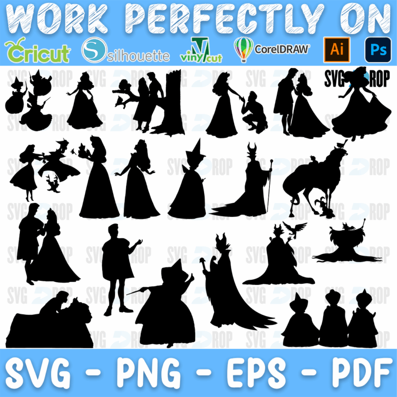 A sheet of Sleeping Beauty silhouettes in solid black: Aurora in her gown, Aurora and Prince Phillip dancing, the three good fairies. SVG bundle