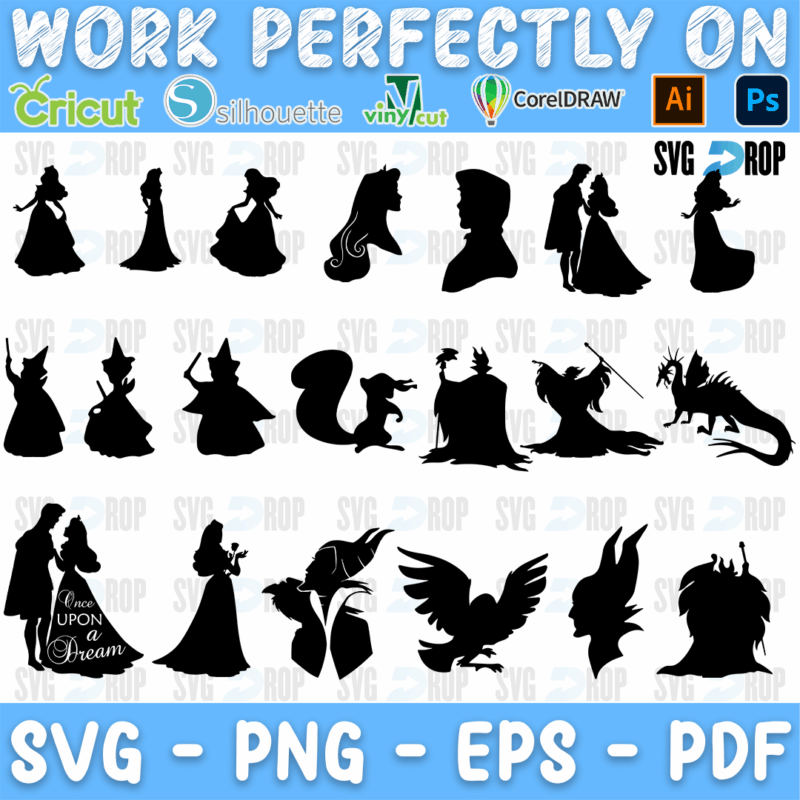 A sheet of Sleeping Beauty silhouettes in black: Aurora poses, the good fairies, Maleficent with her staff, the dragon, the raven. SVG bundle