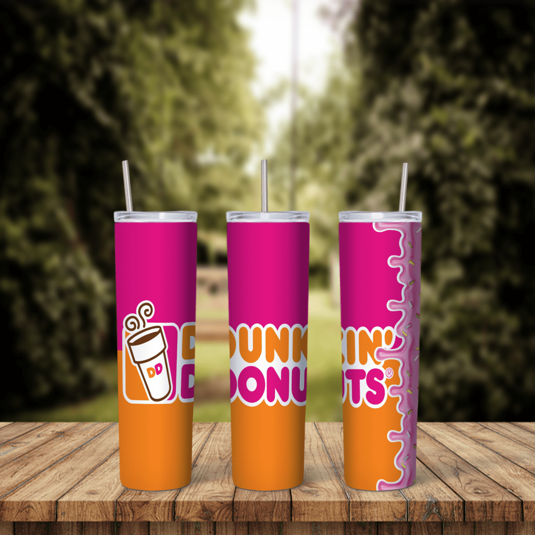 A full 20 oz skinny tumbler wrap styled as Dunkin Donuts packaging: pink and orange halves, the coffee cup logo and Dunkin Donuts. Sublimation design