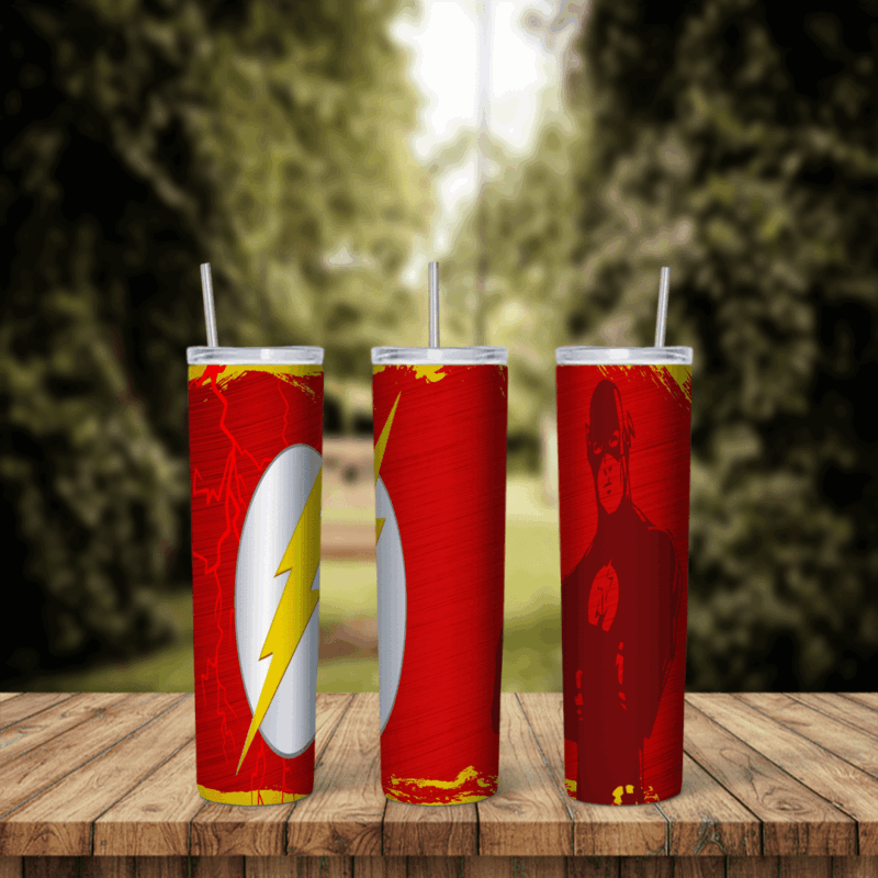 A full 20 oz skinny tumbler wrap in red with the Flash lightning bolt emblem in a white circle and a faint Flash figure. Sublimation design