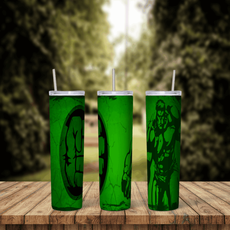 A 20 oz skinny tumbler wrap in cracked green with a dark green Hulk fist logo in a circle and a dark green Hulk figure on the side. Sublimation design