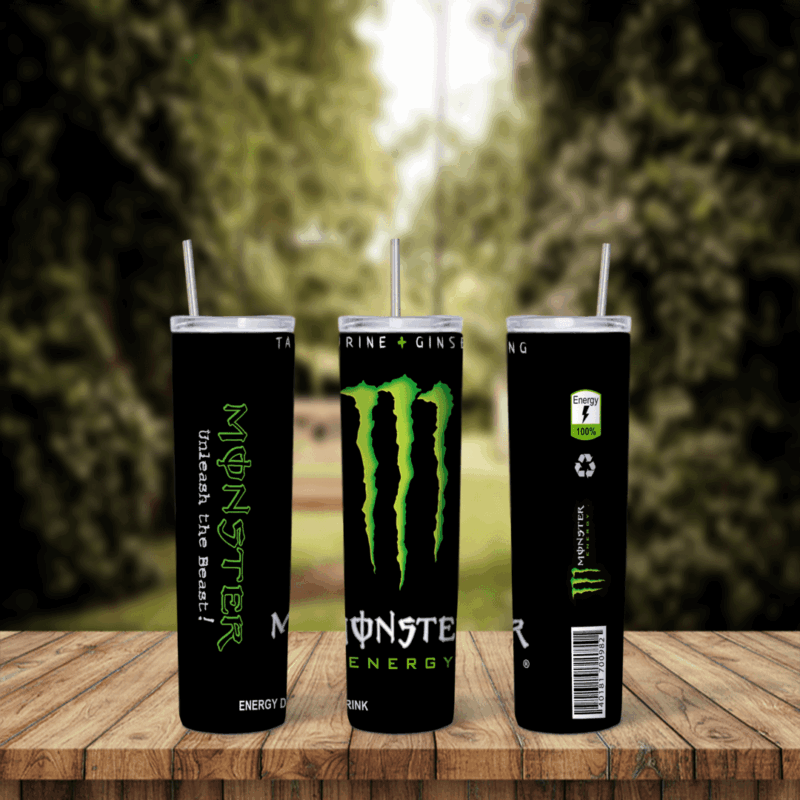A full 20 oz skinny tumbler wrap styled as a black Monster Energy can: the green claw logo, Monster lettering, Unleash the Beast. Sublimation design