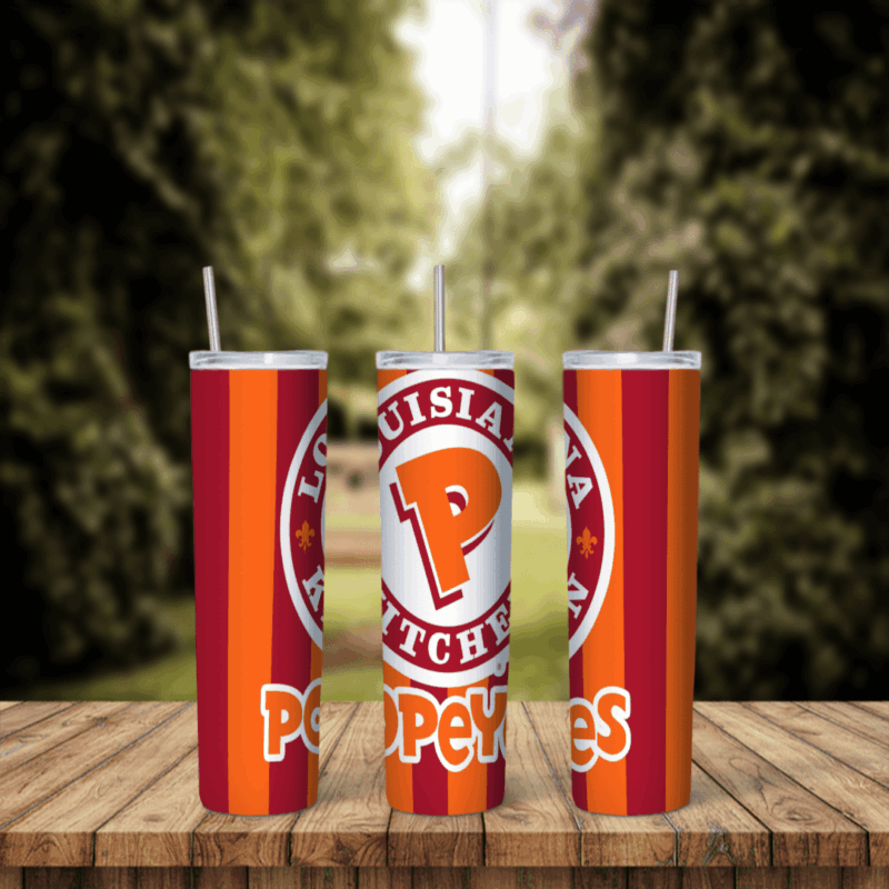 A full 20 oz skinny tumbler wrap styled as a Popeyes cup: red and orange stripes with the round Popeyes Louisiana Kitchen P logo. Sublimation design