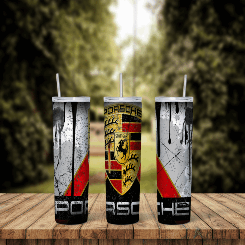 A 20 oz skinny tumbler wrap with the Porsche crest over a grunge background in black, white and red, with large Porsche lettering. Sublimation design