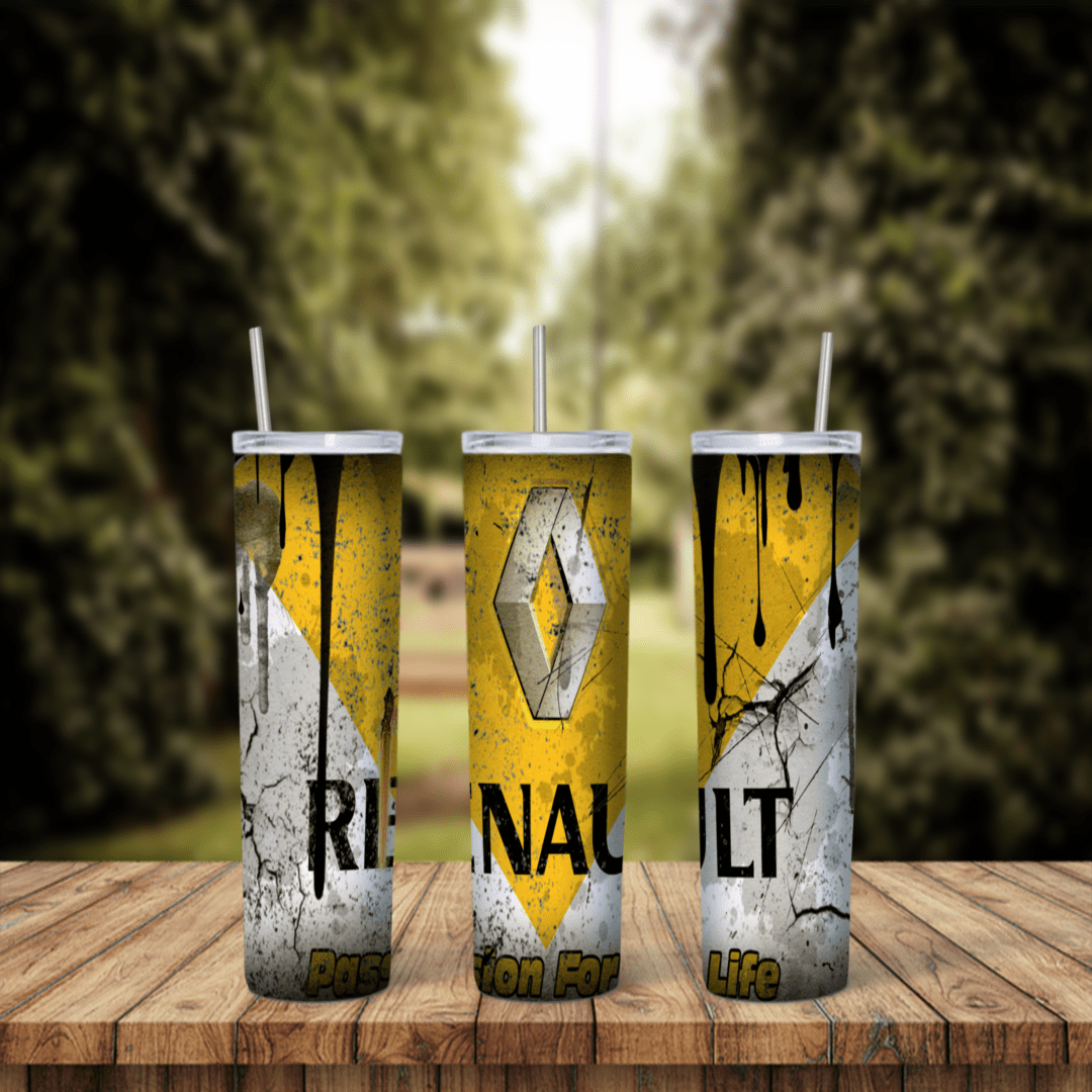 A full 20 oz skinny tumbler wrap with the Renault diamond logo and RENAULT lettering on distressed yellow and cracked white. Sublimation design