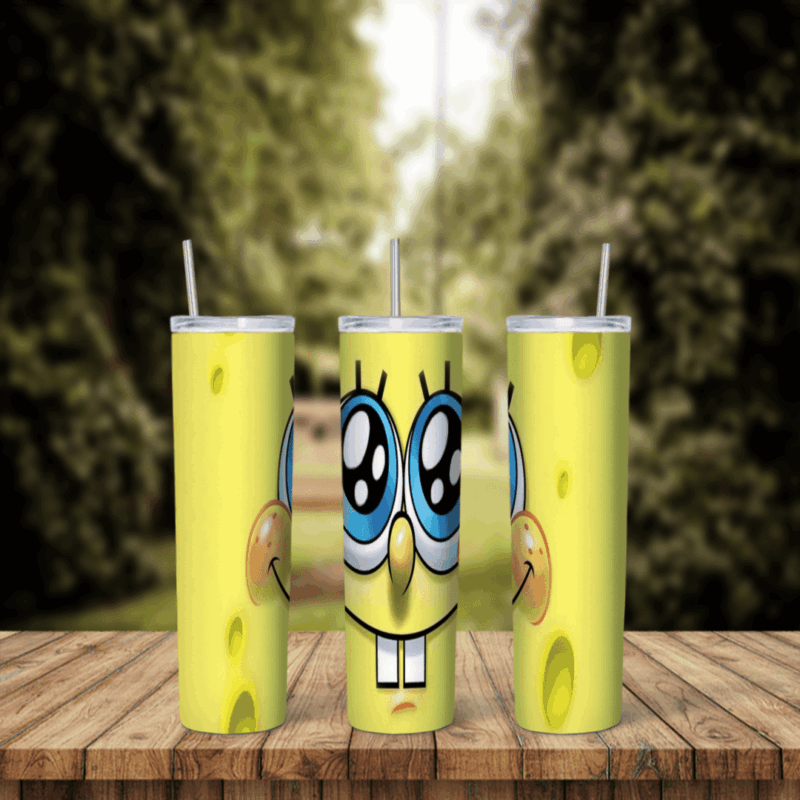 A SpongeBob tumbler wrap with a large cute face: big blue shiny eyes, rosy cheeks, buck teeth and a smile on yellow sponge. Sublimation design