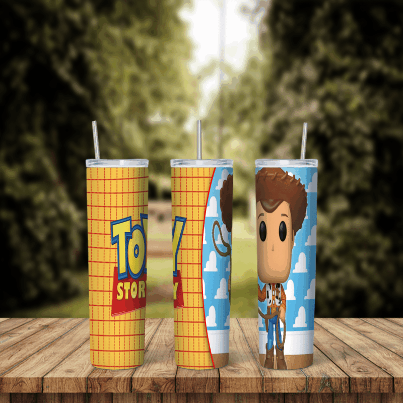 A 20 oz skinny tumbler wrap combining yellow plaid with the Toy Story logo and blue cloud wallpaper, with a big-headed Woody. Sublimation design