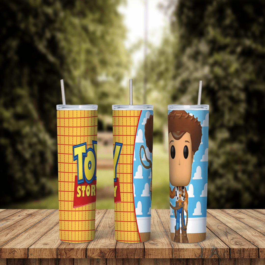 20 Oz Toy Story Woody Figure Plaid and Clouds Tumbler Cup Design