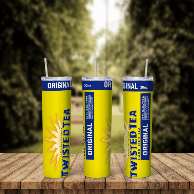A full 20 oz skinny tumbler wrap styled as a yellow Twisted Tea Original can, with the Twisted Tea name and a sun burst running. Sublimation design