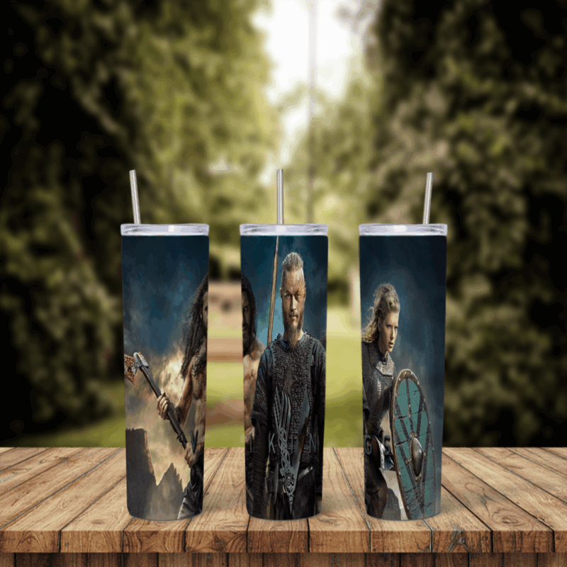 A 20 oz skinny tumbler wrap with Vikings warriors in armor on a stormy background, including a shieldmaiden with a round shield. Sublimation design