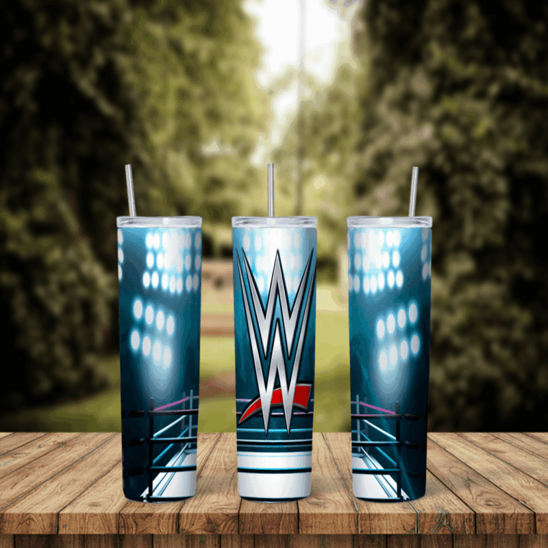 A WWE tumbler wrap: the WWE logo over a wrestling ring with arena spotlights in blue and teal tones. Sublimation design