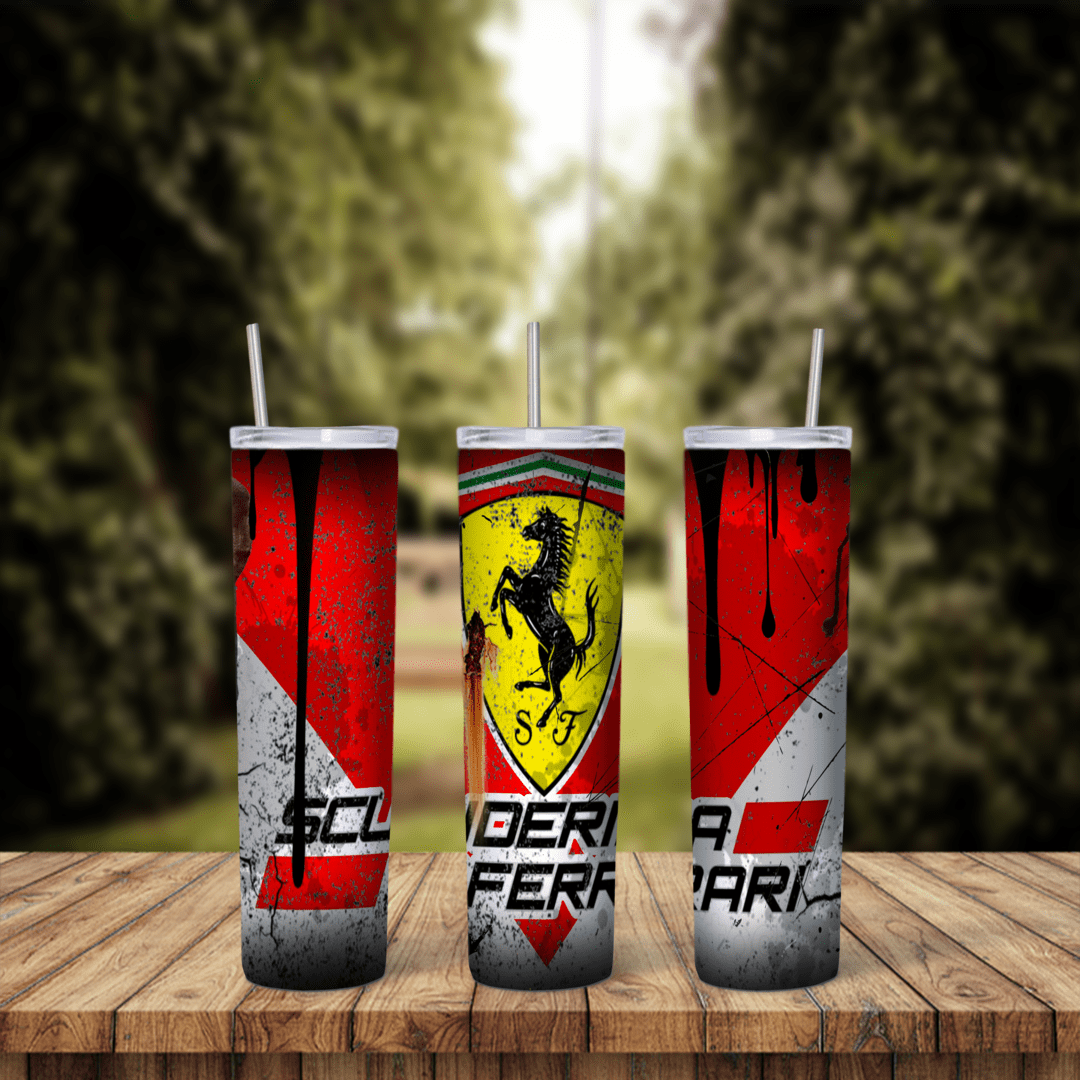 A full 20 oz skinny tumbler wrap with the yellow Ferrari prancing horse shield and Scuderia Ferrari lettering on distressed red. Sublimation design