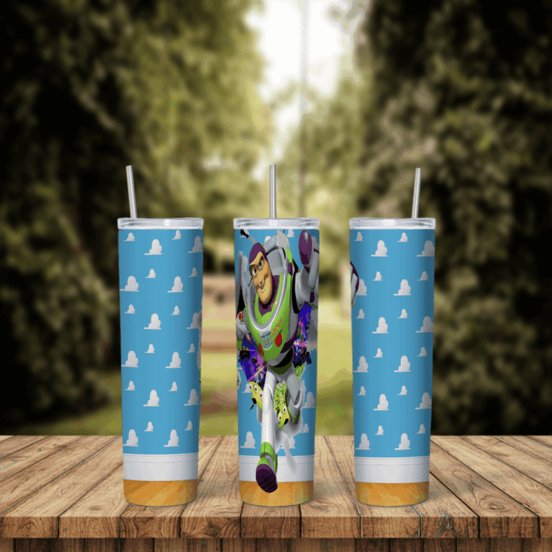 A 20 oz skinny tumbler wrap with Buzz Lightyear bursting through the blue and white cloud wallpaper from Andy’s room, framed by. Sublimation design