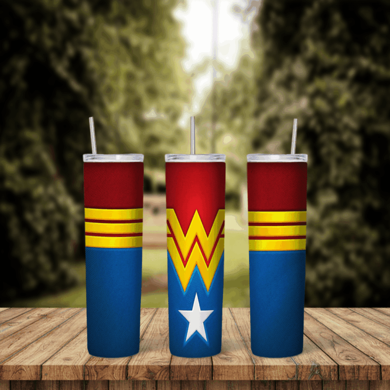 A Wonder Woman tumbler wrap styled on her classic costume: red with gold bands, the gold W emblem and a blue base with a white. Sublimation design