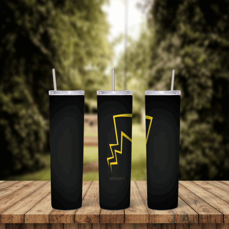 A minimalist 20 oz skinny tumbler wrap in solid black with a thin yellow outlined zigzag shape inspired by Pikachu’s lightning. Sublimation design