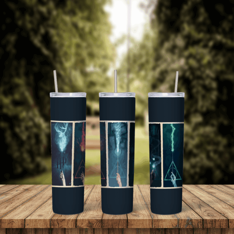 A 20 oz skinny tumbler wrap with three dark blue panels showing a glowing stag Patronus, a wizard with a wand of light. Sublimation design