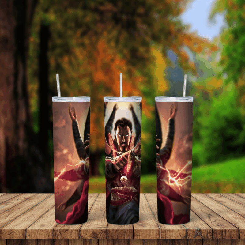 A Doctor Strange tumbler wrap: Doctor Strange casting a spell with several raised arms, a red cloak and bright red and yellow. Sublimation design