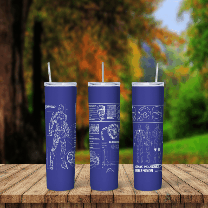 A 20 oz skinny tumbler wrap styled as a blue technical blueprint: white line drawings of the Iron Man armor, measurement notes. Sublimation design