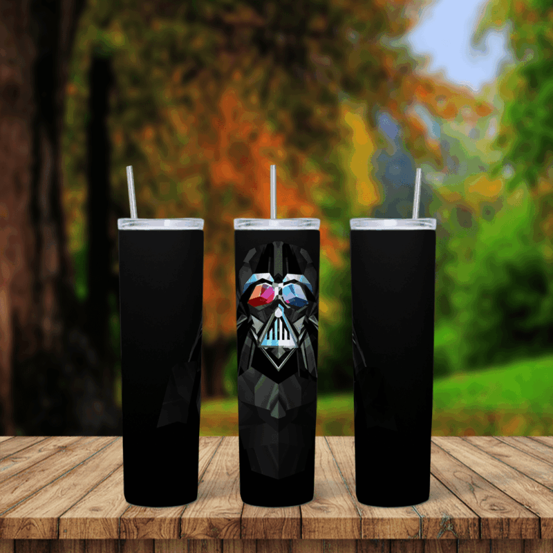 A black tumbler wrap with a low poly Darth Vader helmet in the center, drawn in faceted gray and black shapes with a touch of red. Sublimation design
