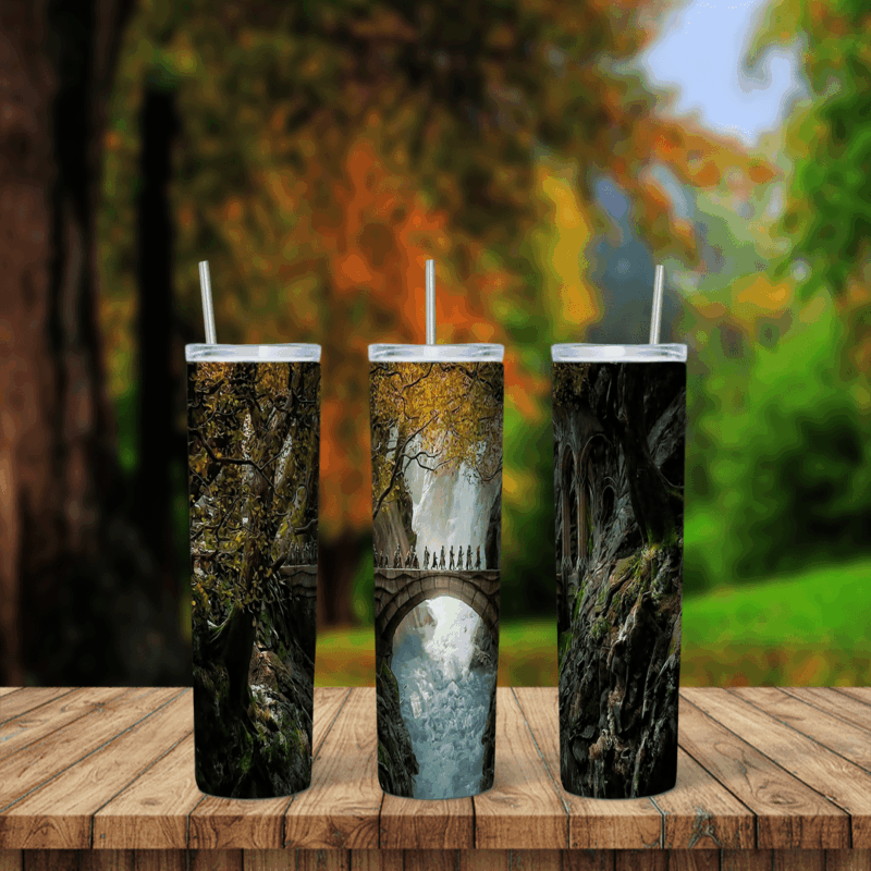 A Lord of the Rings tumbler wrap in deep forest tones: twisted tree bark and mossy woods framing a misty scene with a stone arch. Sublimation design