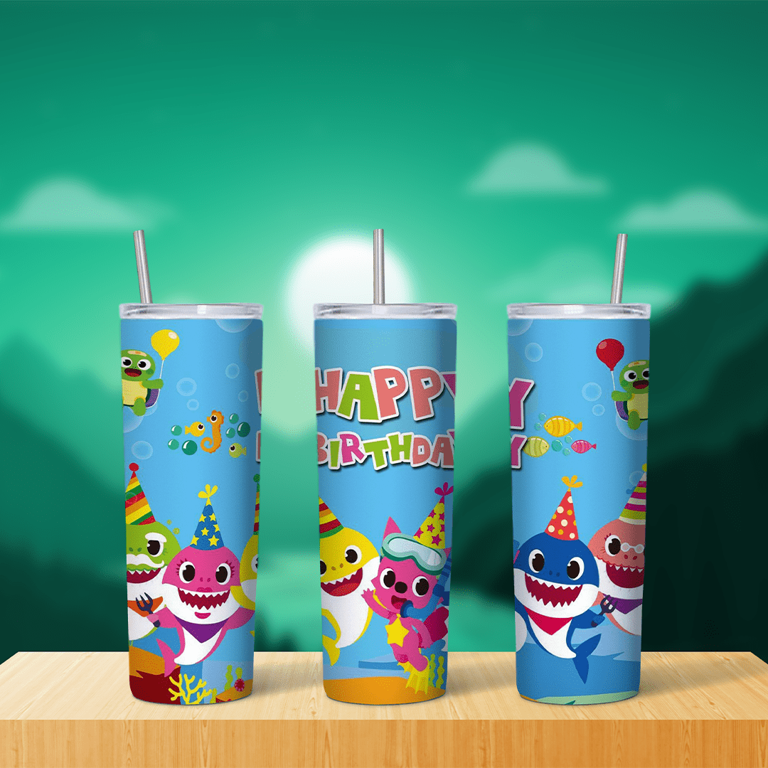 20 Oz Baby Shark Happy Birthday Tumbler Cup Design