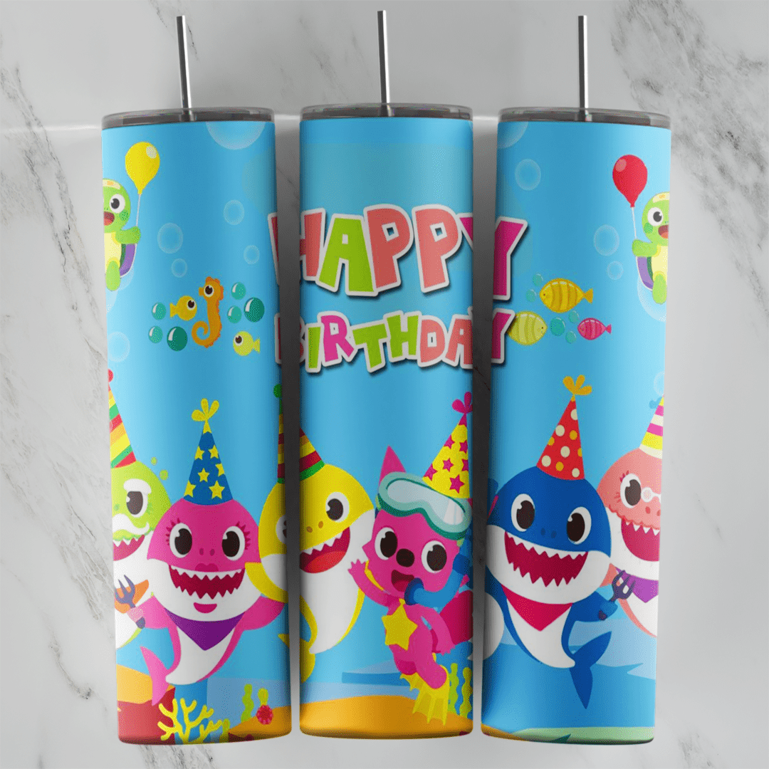 20 Oz Baby Shark Birthday Party Hats Tumbler Cup Design