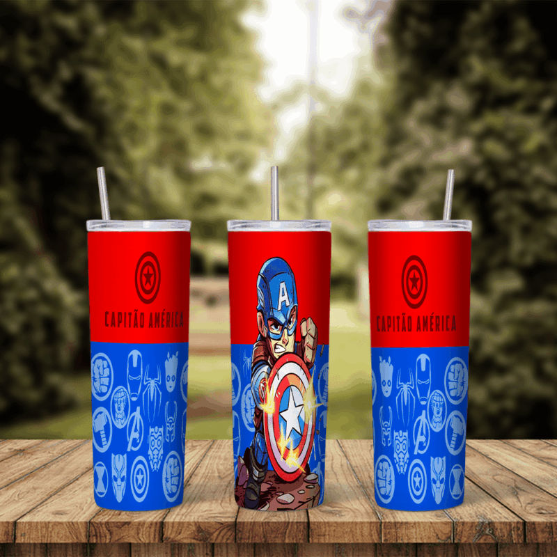 A 20 oz skinny tumbler wrap with a red top and blue lower half: a chibi Captain America with his shield, Capitao America. Sublimation design