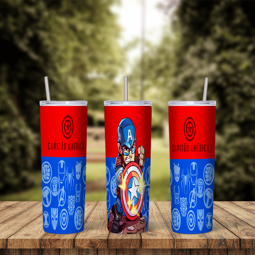 A 20 oz skinny tumbler wrap with a red top and blue lower half: a chibi Captain America with his shield, Capitao America. Sublimation design