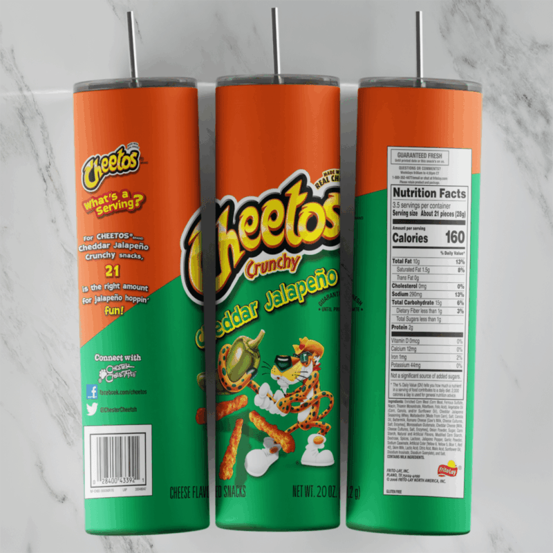 A 20 oz skinny tumbler wrap styled as a green and orange bag of Cheetos Crunchy Cheddar Jalapeno, with Chester Cheetah, jalapeno. Sublimation design