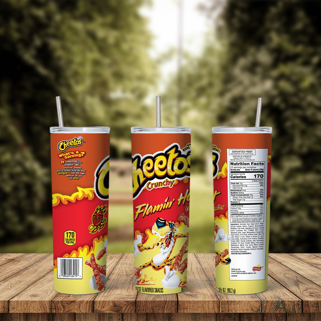 A 20 oz skinny tumbler wrap styled as a Cheetos Crunchy Flamin’ Hot bag: Chester Cheetah in sunglasses, red hot puffs. Sublimation design