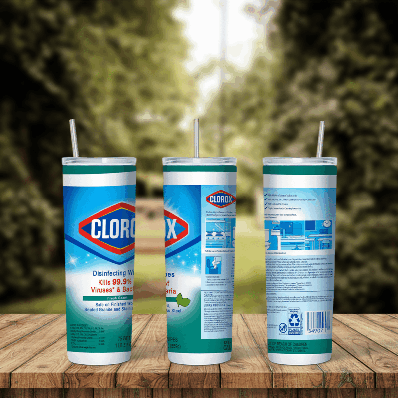 A full 20 oz skinny tumbler wrap styled as a Clorox disinfecting wipes canister: the blue and red Clorox logo, a green and white. Sublimation design