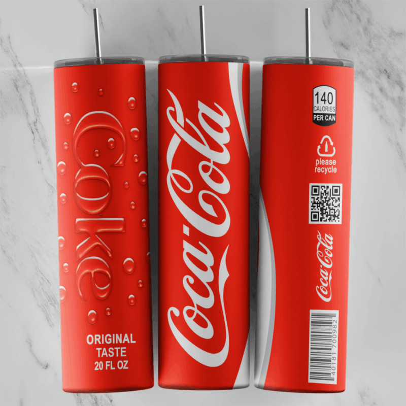 A full 20 oz skinny tumbler wrap styled as a red Coca Cola can: embossed Coke lettering, Original Taste, the white wave, 140. Sublimation design