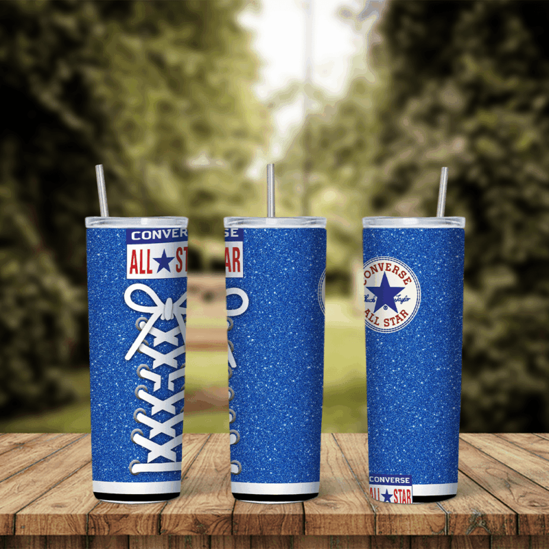 A full 20 oz skinny tumbler wrap styled as a blue glitter Converse high top with white laces, the All Star label and the star. Sublimation design