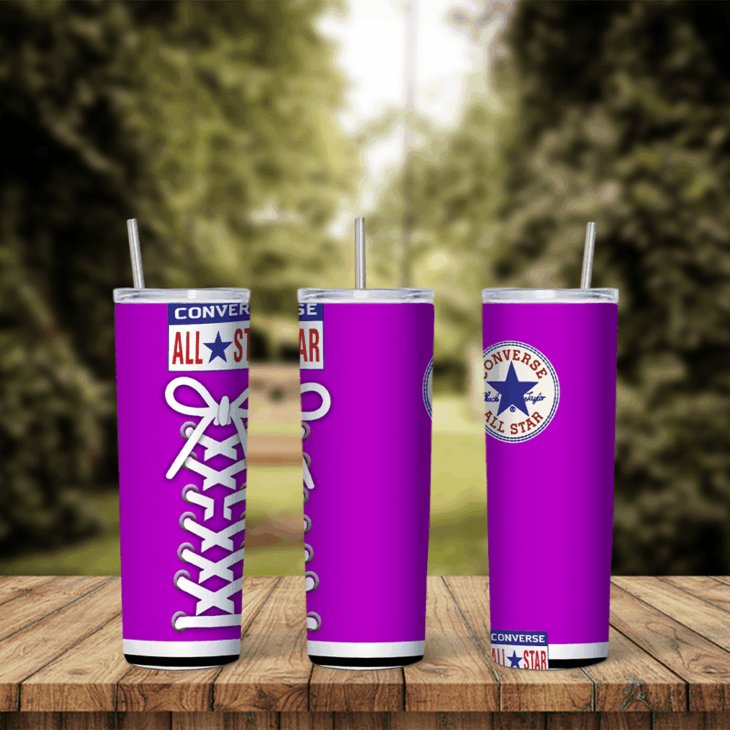 A full 20 oz skinny tumbler wrap styled as a purple Converse high top with white laces, the All Star tongue label and the round. Sublimation design
