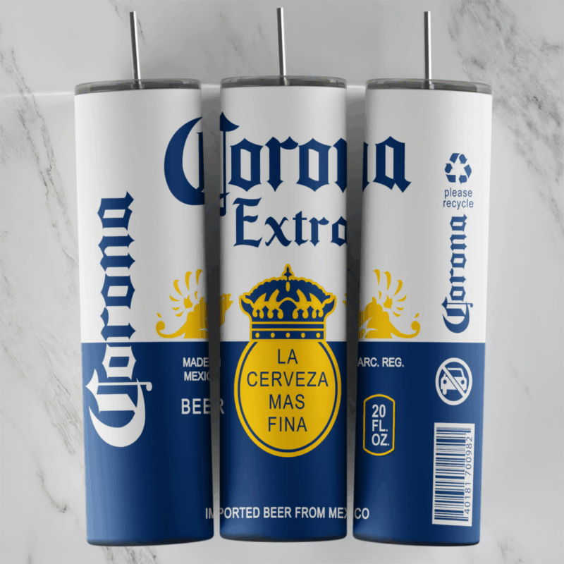 A full 20 oz skinny tumbler wrap styled as a Corona Extra bottle label: Corona script, the crown badge, Imported Beer From Mexico. Sublimation design