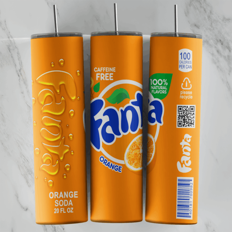 A full 20 oz skinny tumbler wrap styled as an orange Fanta Orange can: the Fanta logo with leaves and an orange slice, Caffeine. Sublimation design