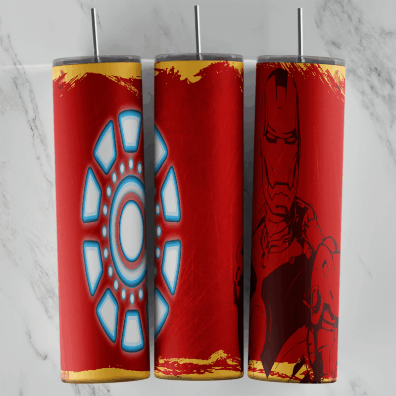 A 20 oz skinny tumbler wrap with a large arc reactor and an Iron Man sketch on red, framed by distressed gold paint edges. Sublimation design