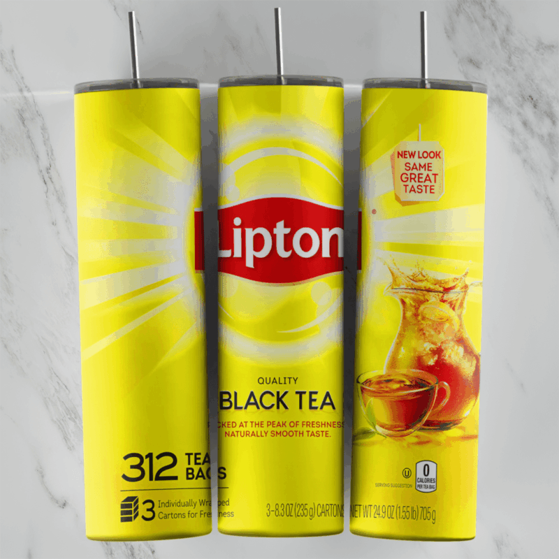 A full 20 oz skinny tumbler wrap styled as a yellow Lipton black tea box: the red Lipton logo, Black Tea, 312 tea bags. Sublimation design
