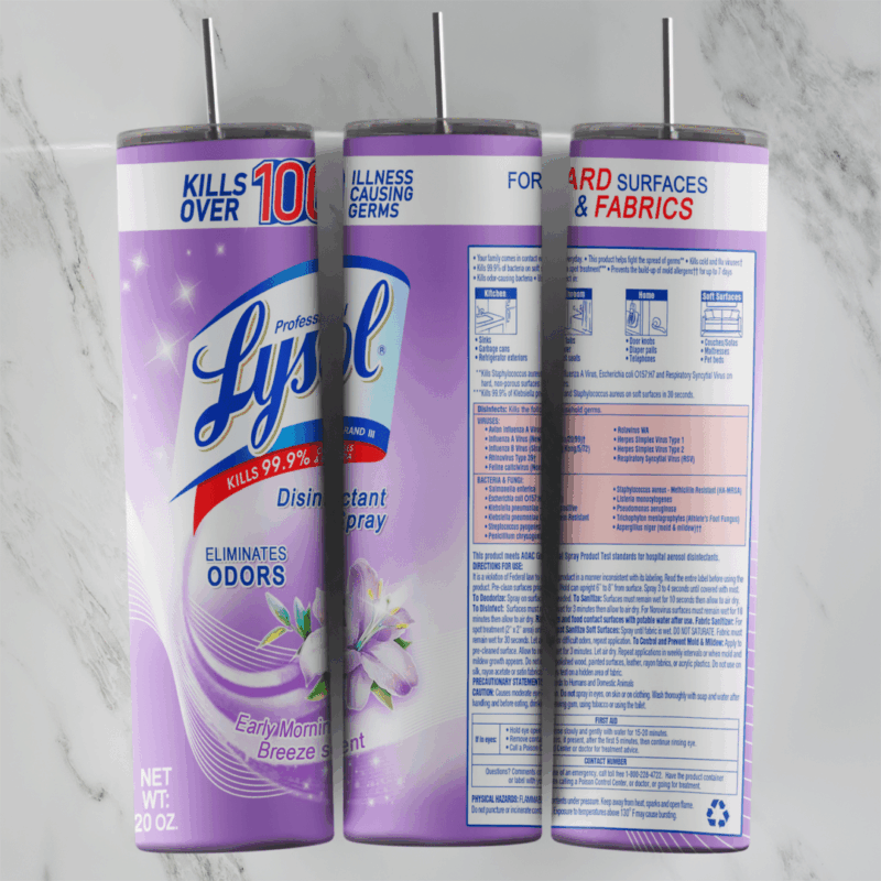 A full 20 oz skinny tumbler wrap styled as a purple Lysol disinfectant spray can with lavender flowers, the Lysol logo. Sublimation design