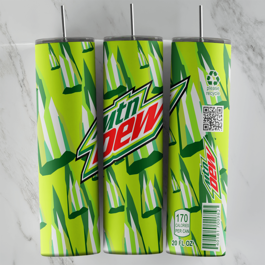 A 20 oz skinny tumbler wrap styled as a Mountain Dew can: the red and white Mtn Dew logo on bright green with leaf style stripes. Sublimation design